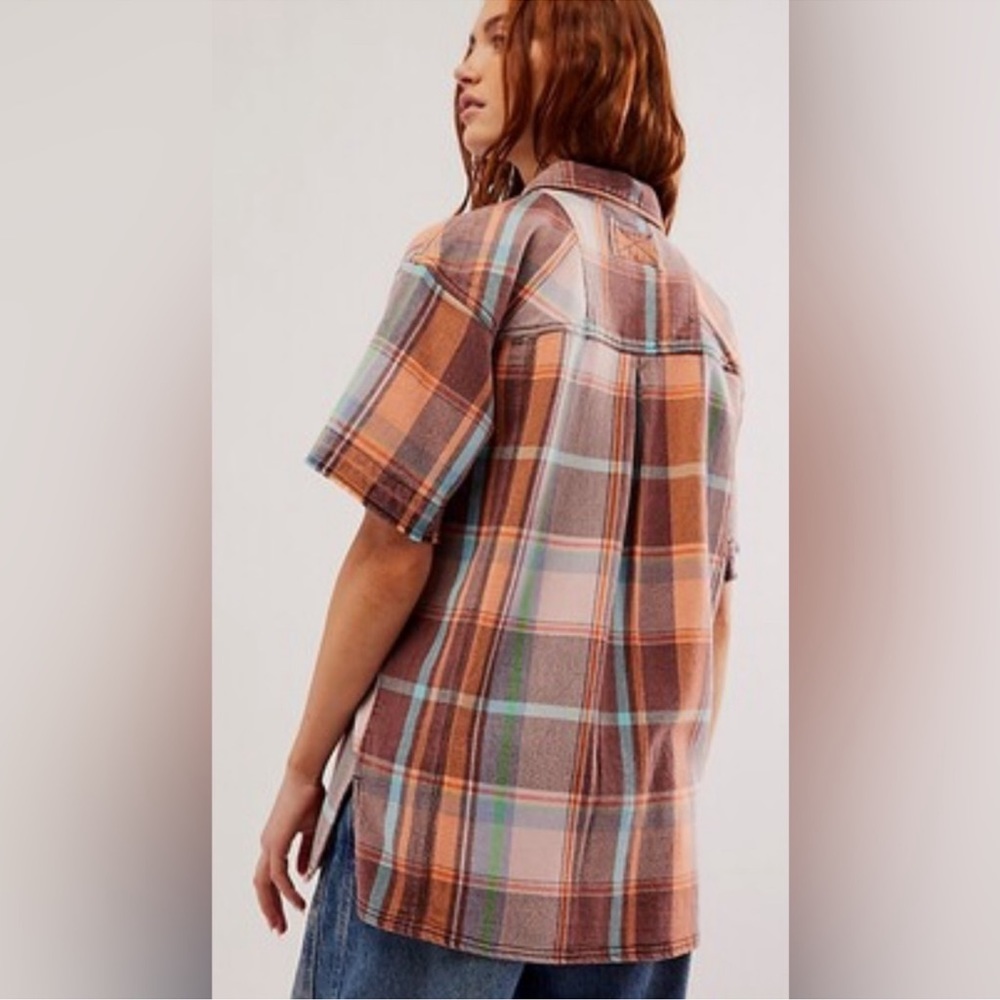 Free People Brown Plaid Short Sleeve Button-Down Shirt - Picture 2 of 4